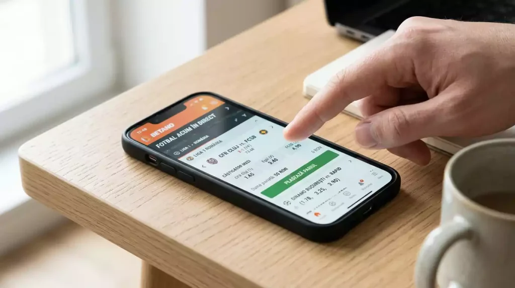 Smartphone cu aplicație de pariuri sportive deschisă pe ecran