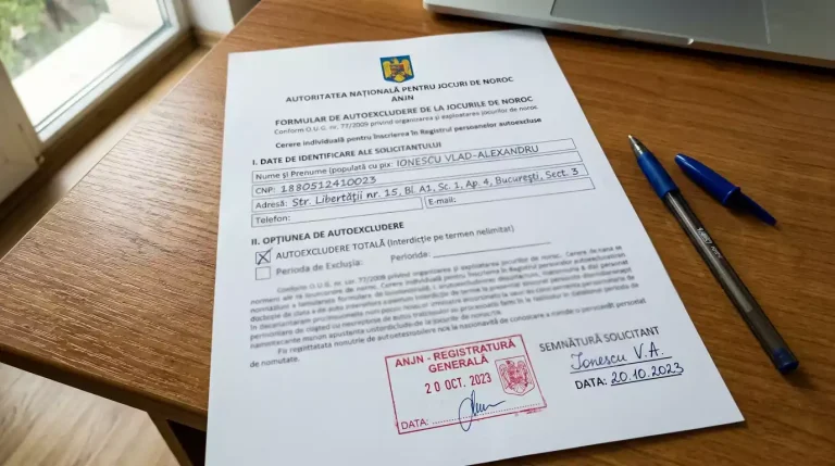 Formular oficial de autoexcludere ONJN completat pe un birou