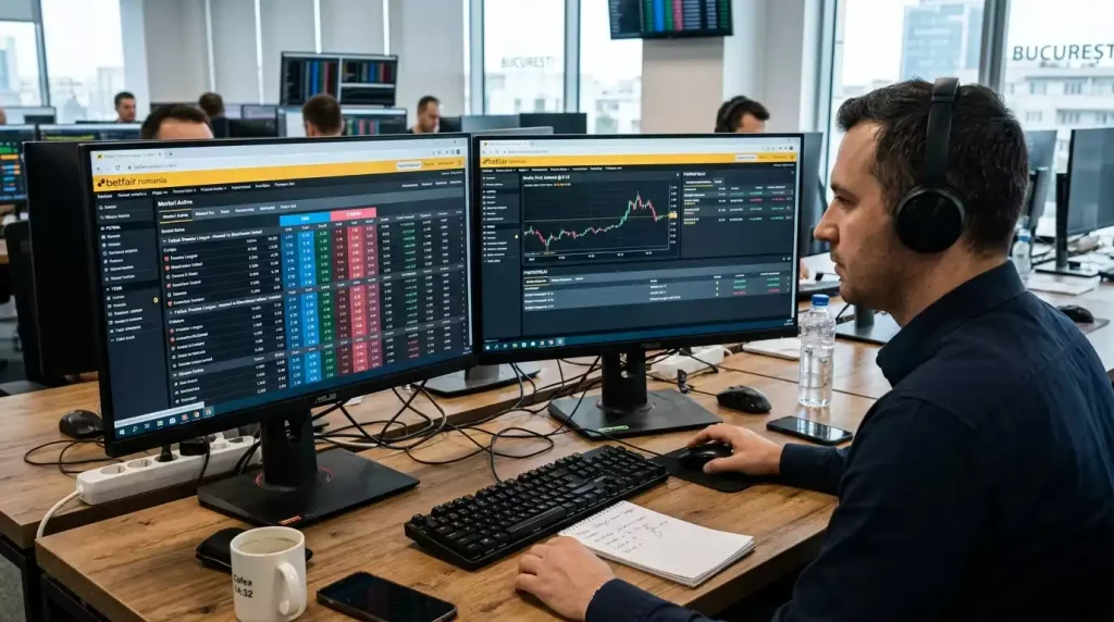 Diagramă cu mecanismul betting exchange și parieri back și lay între jucători