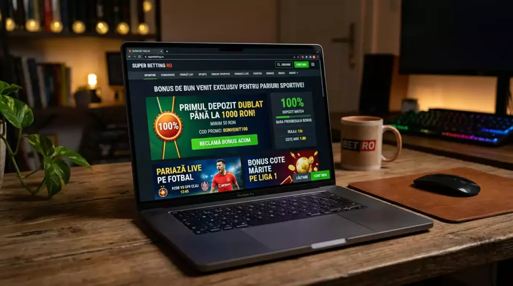 Ecran cu oferte de bonus la pariuri sportive afișate pe un laptop