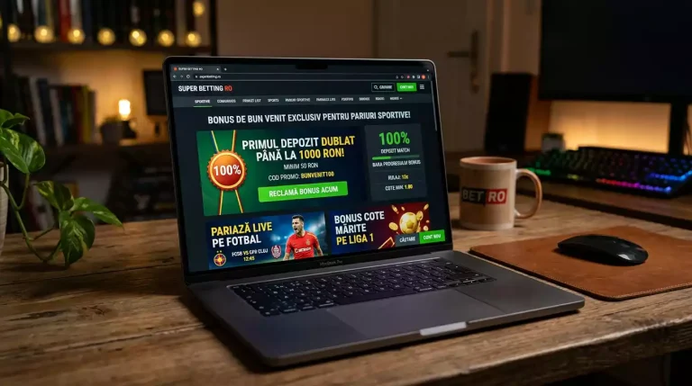 Ecran cu oferte de bonus la pariuri sportive afișate pe un laptop