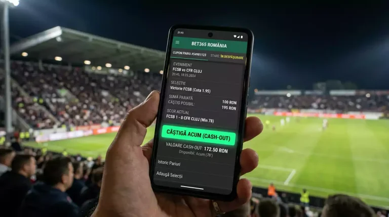 Bilet de pariuri sportive cu butonul Cash-Out evidențiat pe ecranul unui telefon