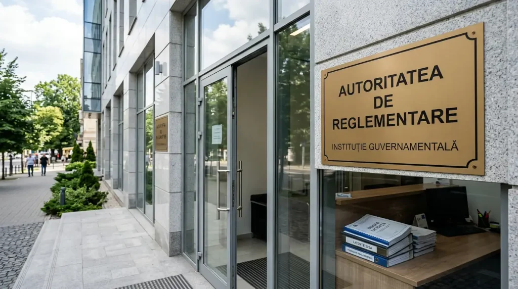 Clădire oficială cu sigla ONJN și documente de licențiere pentru operatori de pariuri