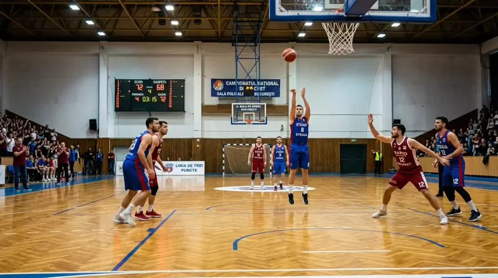 Teren de baschet cu minge portocalie și coș în sala de sport
