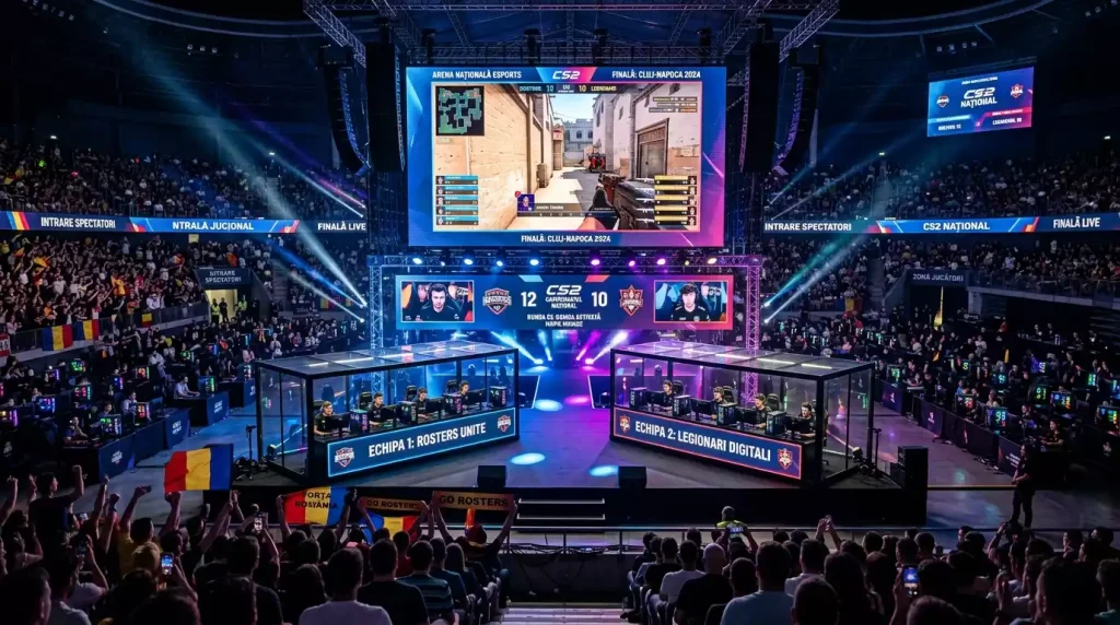 Arenă de esports cu echipamente gaming și ecrane mari în timpul unui turneu CS2