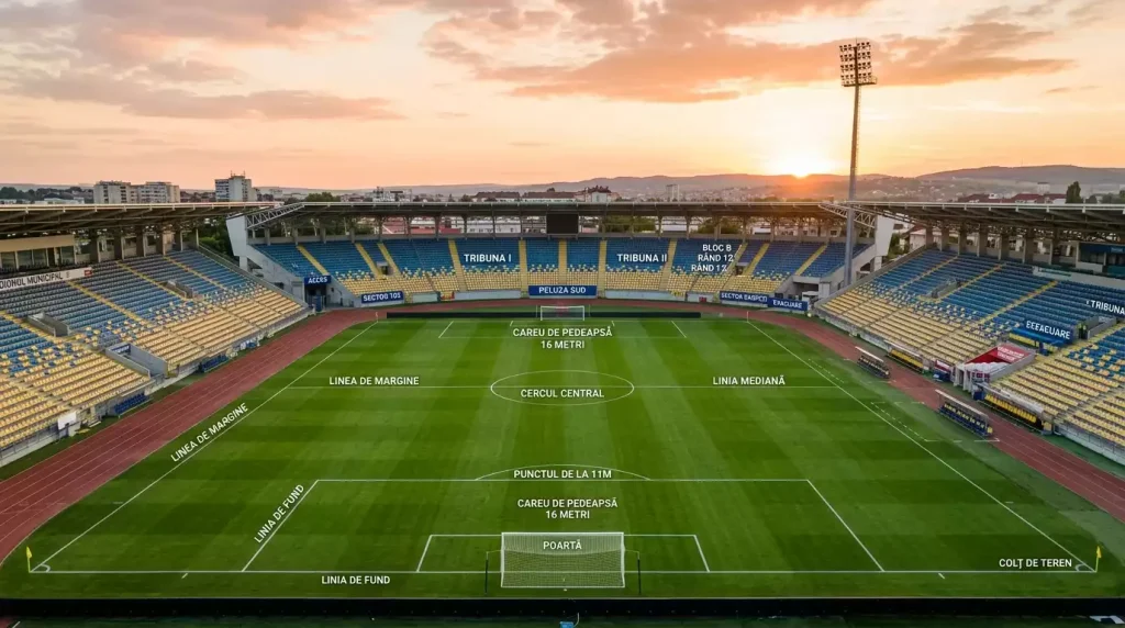 Teren de fotbal verde cu portițe și minge pe gazon în lumina reflectoarelor