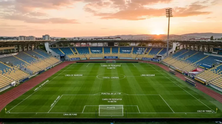 Teren de fotbal verde cu portițe și minge pe gazon în lumina reflectoarelor