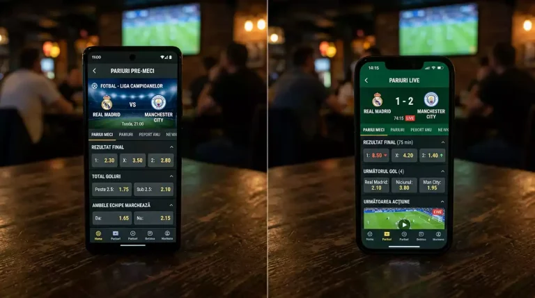 Ecran împărțit între pariuri pre-meci și pariuri live pe un stadion de fotbal