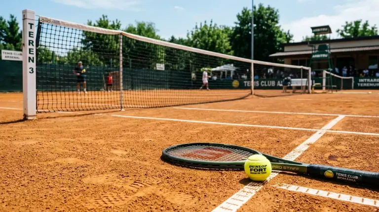 Teren de tenis cu rachete și minge pe suprafață de zgură în timpul unui meci