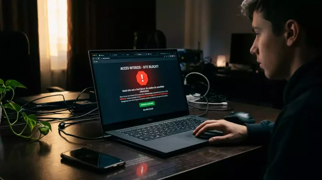 Ecran de laptop cu site-uri de pariuri blocate și sigla ONJN