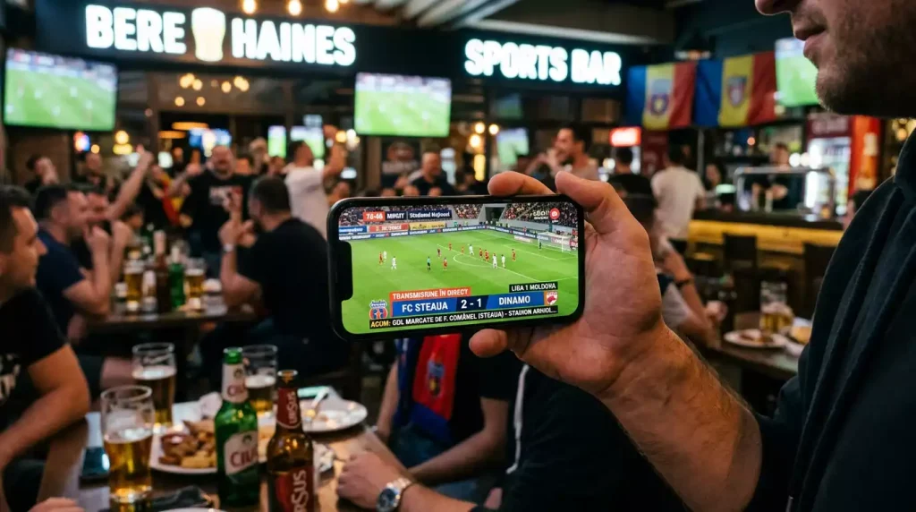 Telefon mobil cu streaming live al unui meci de fotbal pe o platformă de pariuri