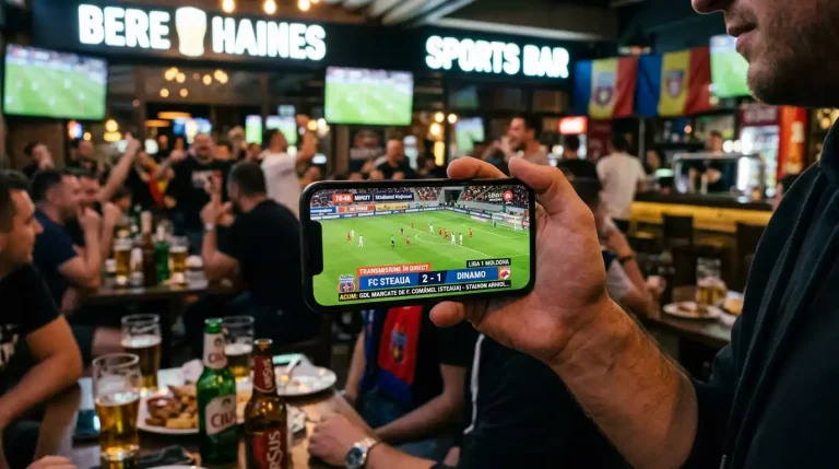 Telefon mobil cu streaming live al unui meci de fotbal pe o platformă de pariuri