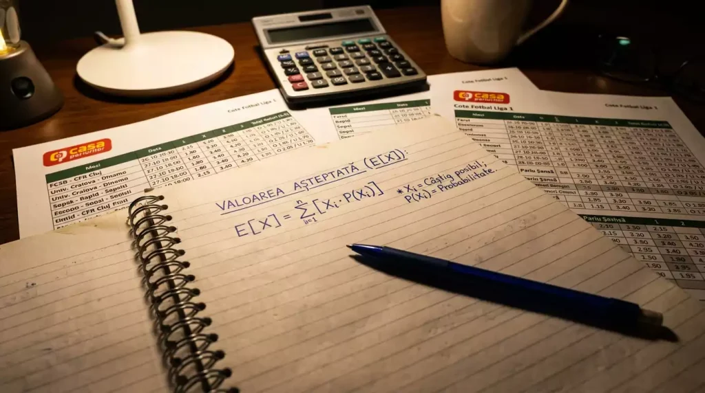 Formulă Expected Value scrisă pe un ecran cu cote de pariuri sportive